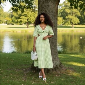Tie-Front Cut-Out Green Gingham Midi Dress | Size XXL